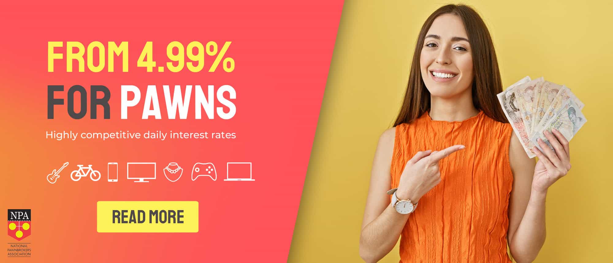 Young woman holding cash with Paws loan promotion in Romford.